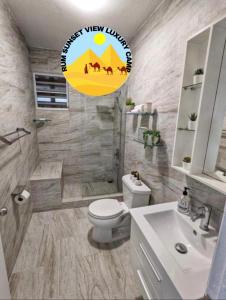 a bathroom with a toilet and a shower and a sink at RUM SUN SET VIEW BUBBLE lUXURY CAMP in Wadi Rum +42 photos