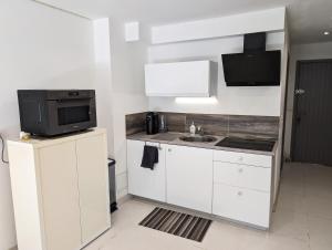 una cucina bianca con lavello e microonde di L'Orée du Golf a Mandelieu La Napoule
