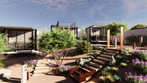 Una representación de un jardín con casas y árboles. en Finca N6 Hotel Boutique, en Ensenada