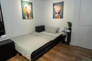 a bed in a room with two pictures on the wall at Otopeni KaryKay Airport Residence in Otopeni