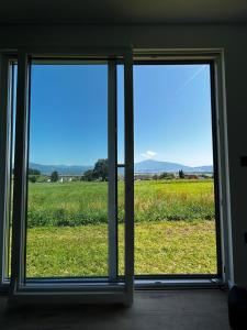 two windows in a room with a view of a field at Tinyhome Murtal -SlowCamping in Fohnsdorf