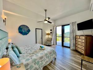 ein Schlafzimmer mit einem Bett, einer Kommode und einem Fernseher in der Unterkunft Casa Carolina - Modern Villa with Private Pool in Coral Bay + 25 Fotos