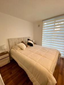 a bedroom with a large bed with a large window at Departamento en Pucón in Pucón