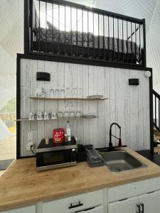 a kitchen counter with a sink and a microwave at Bubbles in Saint Andrews