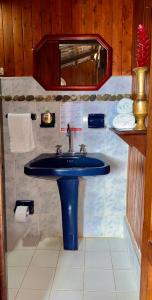 a bathroom with a blue sink and a mirror at Posada Turística Rocas De Cabo Marzo in Bahía Solano +127 photos