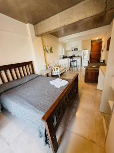 a bedroom with a large bed and a kitchen at Departamento amplio con pileta y Parrilla barrio norte in San Miguel de Tucumán +8 photos
