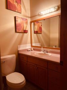 a bathroom with a sink and a toilet and a mirror at The HI-Mark House - Hot tub,AC,Pool table, Pool May2026 in Sicamous