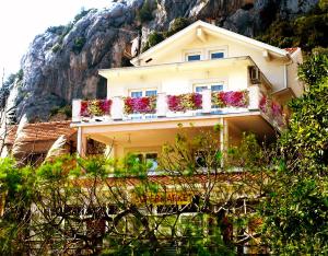 a house with flower boxes on the side of a mountain at Apartmani Villa Delija Klek in Klek