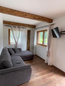 a living room with a couch and a tv at Chalet AVE in Padola +3 photos