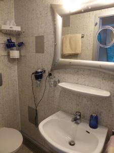 a bathroom with a sink and a mirror and a toilet at Gasthaus Storchen Hellas in Haslach im Kinzigtal +19 photos