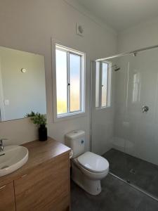 a bathroom with a toilet and a sink and a mirror at Mood Beach House - Moonta Bay in Port Moonta +13 photos