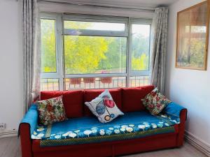 a red couch in a room with a window at Cosy Home in Chatham in Chatham