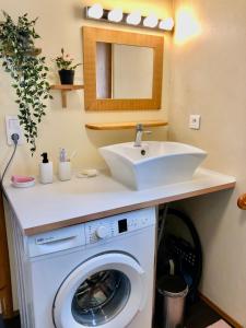 a bathroom with a sink and a washing machine at Charmante maison à Jard sur mer sur la côte vendéenne in Jard-sur-Mer