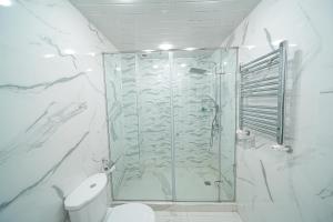 a bathroom with a glass shower with a toilet at Jermuk Moscow Health Resort in Jermuk