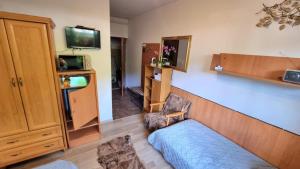 a living room with a couch and a tv at Kacperek w centrum Willowa 4A in Szczyrk