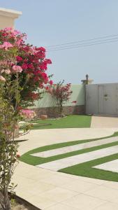a garden with pink flowers and a building at استراحة القمة in Ḩilf