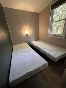 two beds in a small room with a window at Le Domaine des Pins in Saint-Hilaire-de-Riez