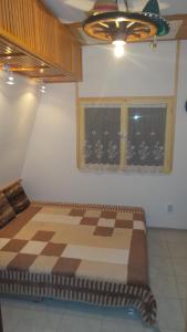 セゲドにあるTiszavirág Nyaralóházの窓付きの部屋にベッド付きのベッドルーム1室があります。