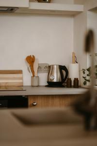 una encimera de cocina con tetera y fogones en Cozy Izeria, en Grudza