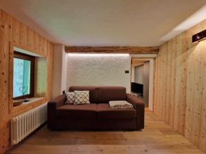 a brown couch in a room with wooden walls at Laras Chalet in Bocenago
