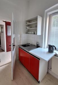 eine Küche mit roten und weißen Schränken und einem Waschbecken in der Unterkunft Apartmán V Srdci Varů in Karlsbad