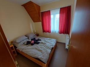 a small bedroom with a bed and red windows at Zalagyöngye Apartman in Zalakaros