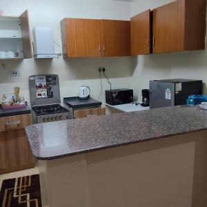 a small kitchen with a counter top and appliances at Palmgreen 3 bedroom in Eldoret +17 photos