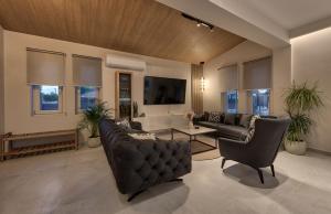 un salon avec un canapé, une table et une télévision dans l'établissement Villa Luna d'oro by "Elite", à Gaïtánion