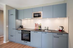 a kitchen with blue cabinets and a microwave at BetweenLakes Apartment 1st floor in Interlaken