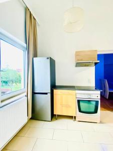 Il comprend une cuisine équipée d'un réfrigérateur et d'une fenêtre. dans l'établissement Cozy 4-Bedroom Apartment , Perfect for Groups, à Vienne