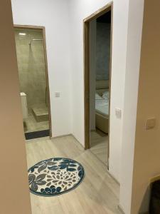 a room with a bathroom with a shower and a rug at Gut Aydin in Mamaia Nord