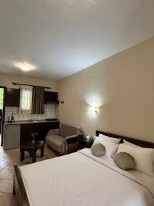 a hotel room with a bed and a kitchen at Panorama Elati in Elati Trikalon
