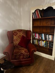 戈尔韦Rose Cottage的配有枕头的椅子和带书籍的书架