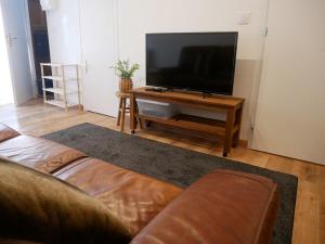 a living room with a flat screen tv and a couch at La Maison Arola in Bagnères-de-Bigorre