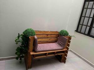 a wooden bench with two potted plants on it at Bonito apartamento cerca de la zona comercial in Villa Hidalgo