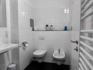 une salle de bain blanche avec toilettes et lavabo dans l'établissement Apartment Nera - Zell am See, à Zell am See 5 autres photos