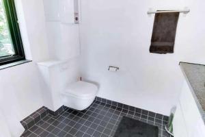 a white toilet in a bathroom with a window at Peaceful Beach House Life Just 50 M From Shore in Dronningmølle +20 photos