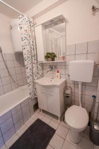 ein Badezimmer mit Toilette, Waschbecken und Spiegel in der Unterkunft Quiet Apartments with FREE PARKING in Sarajevo + 23 Fotos