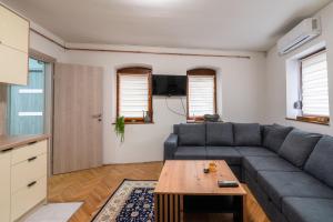 ein Wohnzimmer mit Sofa und Tisch in der Unterkunft Quiet Apartments with FREE PARKING in Sarajevo