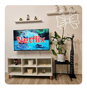 a tv sitting on top of a white entertainment center at Logement dans résidence - à 10 km du centre ville et à 5 minute du parlement européen avec parking gratuit in Hoenheim