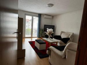 萨拉热窝Apartman Leki的有两把椅子和一张桌子的客厅