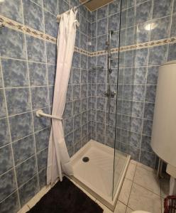 a shower with a shower curtain in a bathroom at Chez Mamie Gramat centre in Gramat