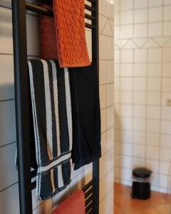 a closet with orange and black towels on a shelf at Apartment Noorderloft in Hornhuizen +45 photos