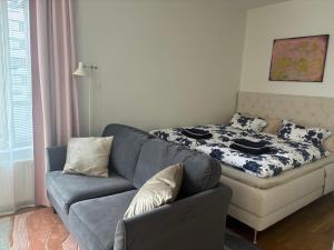 a living room with a couch and a bed at Comfy home, moottorisänky, kuivausrumpu, wifi in Pori +12 photos