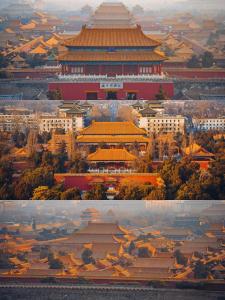 two photographs of a chinese city with buildings at Jingfang Building Boutique Smart Hotel - near Beijing Tiananmen Square,the Forbidden City,Wangfujing Street in Beijing