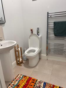 a bathroom with a white toilet and a sink at A cozy room in family house in Dublin +10 photos