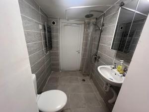 a small bathroom with a toilet and a sink at E3 Homestay in London