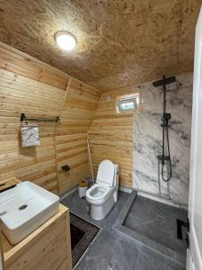 a bathroom with a toilet and a sink at Tulpar Village in Saty