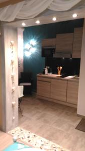 a kitchen with a blue wall and a counter top at Villa Lescala in Blaye