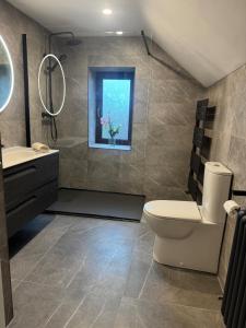 a bathroom with a toilet and a sink and a window at Modern Coastal Cottage in Killybegs
